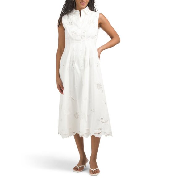 ELIE TAHARI White Sleeveless Collared Button Down Dress